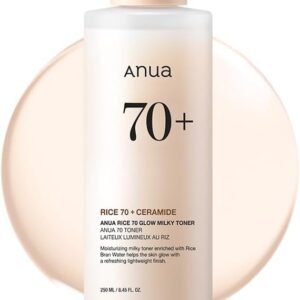 ANUA Rice 70 Glow Milky Toner, for Glass Skin, Rice Water, Niacinamide, Ceramides, Panthenol, Fragrance-Free, Non comedogenic, Fungal Acne Safe, Korean Skin Care, 250ml/8.45fl.oz.