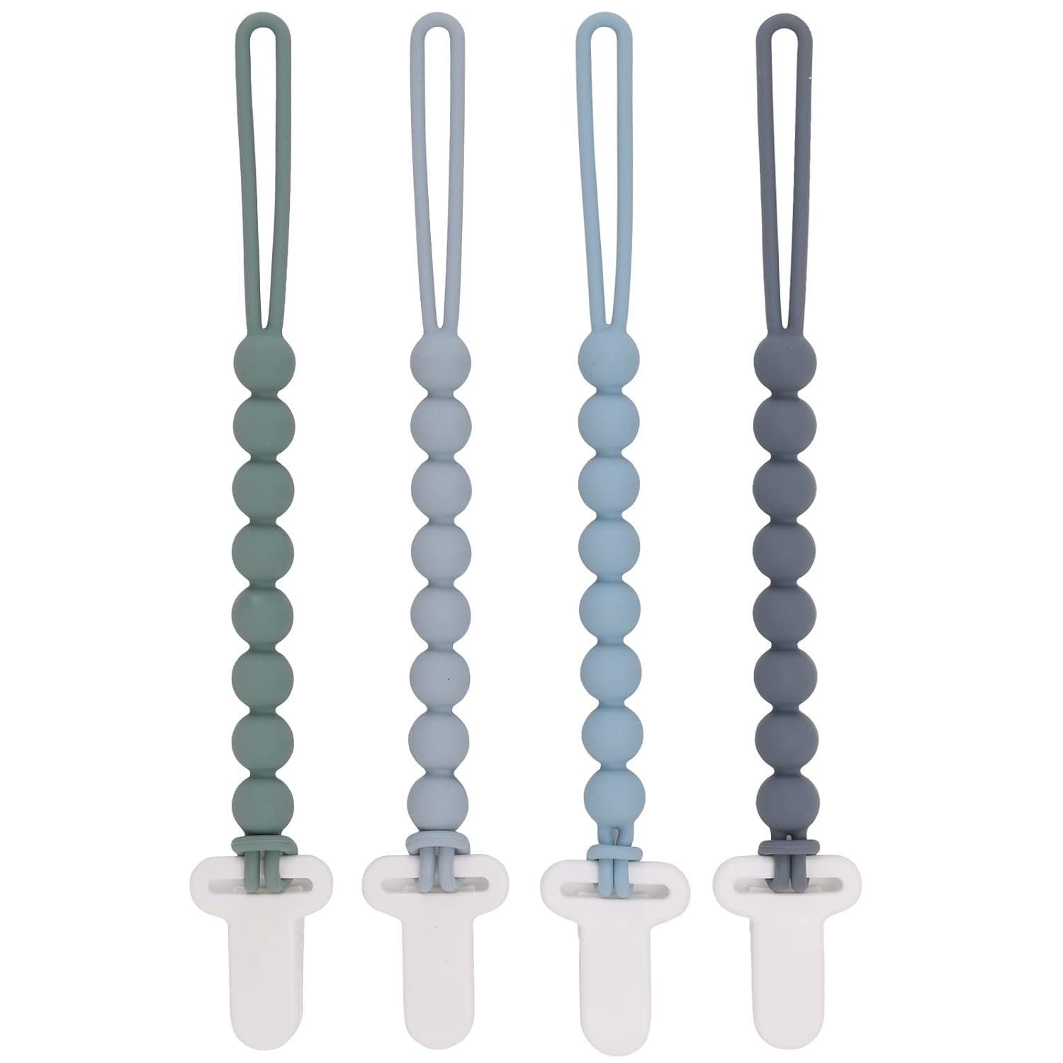 4-Pack Silicone Pacifier Clips with One-Piece Beads for Baby Boys and Girls - Flexible and Rust-Free Holders for Teething Relief and Baby Essentials, Safe for Newborns (Grey)
