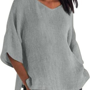 Linen Shirts for Women 2025 Summer Basic Solid Color 3/4 Sleeve Tunic Tops Casual Round Neck Pullover Blouse Tshirts
