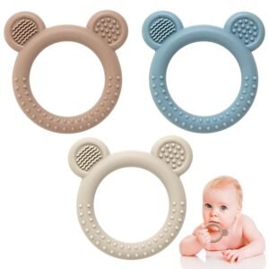 Teething Toys 3-6 Months, 3 Pack Silicone Teethers for Babies 6-12 Months, BPA Free Soft Textured Teething Relief Soothing Sore Gums Baby Essentials