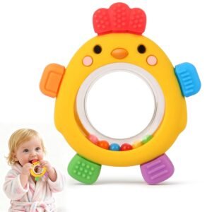 Baby Teether Rattle Toy, Textured Silicone Chew Toy for Gum Relief, Sensory Toy with Easy-Grip Ring for Infants 0-12 Months, Cute Chick Design