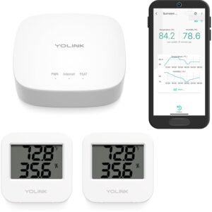 YoLink Smart Temp & Humidity Sensor, LoRa Long Range, 2 Year Battery, Indoor Monitoring for Wine Cellar, Bedroom, Nursery, Greenhouse, RV, with App, Email & SMS Alerts, Alexa IFTTT, 2 Pack + Hub
