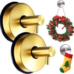 2PCS Suction Cup Hooks for Door Wreaths on Glass Suction Cup Hooks for Shower,2025 Hanging Towels for Window Door Bathroom Mirrors Christmas,Wreath Hanger Holder for Daily Use (Gold-2pc)