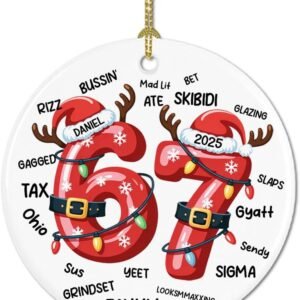 (String Included) 6 7 Ceramic Ornament Funny 6 7 Meme Gen Alpha Slang Ornament Viral Teen Boys Gift 2025 Year in Review Slang Ornaments Six Seven Meme Grandkid Gift for Teenagers Gen Z
