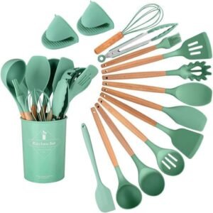 15-Piece Silicone Wooden Handle Kitchen Utensils Set, Cooking Tools with Holder, Kitchen Gadgets for Non-Stick Cookware