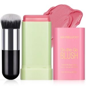 Cream Blush Stick for Cheeks, Eyes & Lips, Multi-Use Makeup Stick, Travel-Friendly Tinted Moisturizer, Natural Glow Blendable Blusher with Brush - Shy Pink