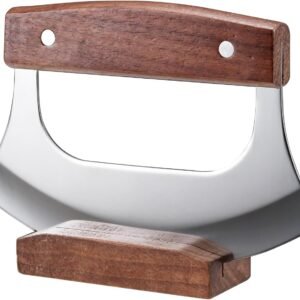 Ulu Knife - Sharp Rocker Mezzaluna Knife with Stand for Cutter Pizza, Meat, Vegetables, Herb, Salad, Stainless Steel Blade, Walnut Wood Handle, Kitchen Essentials Accessories and Gadgets Tools