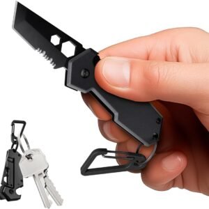 Mini Keychain Knife with Carabiner - 1.3" Tanto Serrated Blade - 6 in 1 Black Multitool - Bottle Opener Box Cutter Liner Lock - EDC Gadgets - Legal Folding Small Pocket Knives for Men Women Gifts 2248