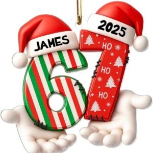 Custom 2025 Viral Trend Six Seven Ornament, Personalized Santa Hands 67 Christmas Decoration, Funny Teen Slang Acrylic Gift, Candy Cane Stripe Ho Ho Ornament, Gen Z Alpha Kid Grandkid Holiday Keepsake