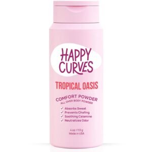 HAPPY CURVES Comfort Powder: Talc Free Anti Chafe Body & Foot Dusting Powder Deodorant to Control Inner Thigh Chafing, Private Areas, and All Over Body for Women 4 oz. (1 Pack, Tropical Oasis)