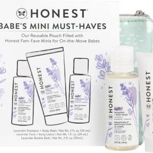 The Honest Company Babe's Mini Must Haves Gift Set Travel Size Hypoallergenic Lavender Bathtime Essentials Shampoo Body Wash (2 fl oz) Face Lotion (1 Bubble Bath
