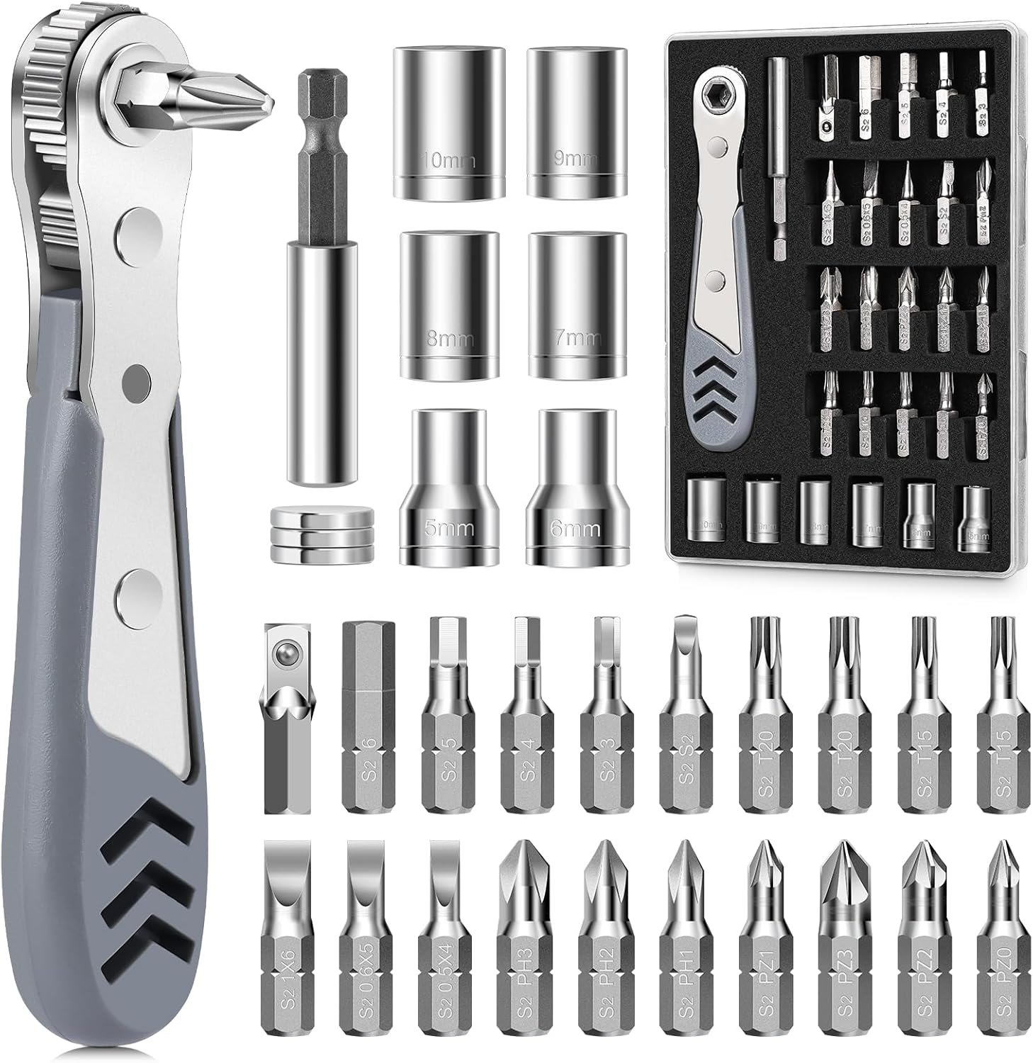 30in1 Right Angle Screwdriver, 36-Tooth Mini Ratchet Wrench, Angle Screwdriver for Tight Spaces, Low Profile Offset screwdrivers, Magnetic Ratchet Screwdrivers Repair Tool