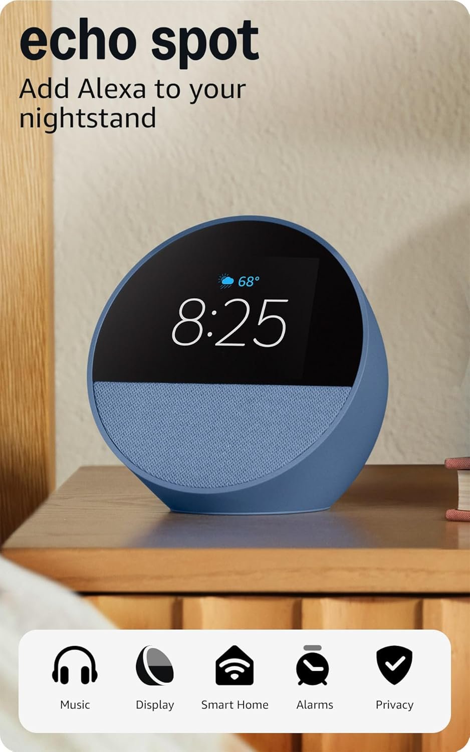 Amazon Echo Spot (newest model), Great for nightstands, offices and kitchens, Smart alarm clock with Alexa+ Early Access, Ocean Blue