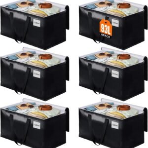 BlissTotes Collapsible Moving Bags - Heavy Duty Boxes with Zippers and Handles, Space Saving Packing Totes for Moving Supplies Storage (93L, 6-Pack, Black)