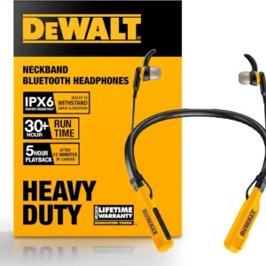 DEWALT Heavy Duty Bluetooth Neckband Headphones, Wireless Around The Neck Earbuds w/ 30H Runtime + Noise Isolation, Secure Magnetic Wireless Earbuds, Jobsite Pro Built-in Mic Bluetooth Headsets