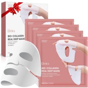 Elvira Bio-Collagen Real Deep Mask, Overnight Hydrating Face Mask with Hyaluronic Acid, Korean Skincare Face Mask for Moisturizing and Firming, Face Masks Sheet for All Skin Types, 4 Pack