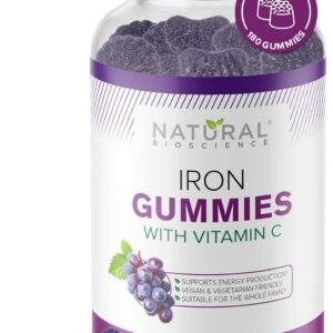 Iron Gummies with Vitamin C - Chewable Iron Supplement for Iron Deficiency Anemia, Red Blood Cell Support, Energy, Immune Function, Brain Health, Max Absorption, Grape Flavor, 180 Vegan Gummies