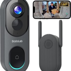 BOTSLAB 5MP Wireless Video Doorbell Camera,180° Head-to-Toe View, AI Motion Detection, VR Mode, Battery or Wired Powered, Easy Installation, Weatherproof, No Monthly Fee, 2.4GHz WiFi