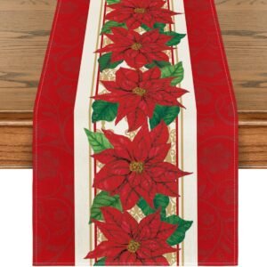 Artoid Mode Watercolor Poinsettia Red Christmas Table Runner, Seasonal Winter Xmas Holiday Kitchen Dining Table Decoration for Indoor Outdoor Home Party Decor 13 x 72 Inch