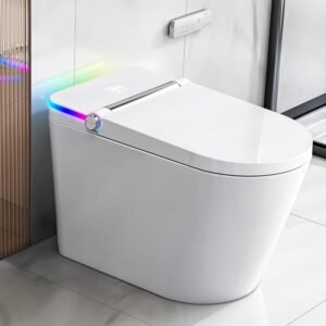Smart Toilet with Built-In Bidet, Heated Seat, Dual Auto Flush, Warm Water & Dry Function, Tankless Design, Foot Sensor, Night Light, and Wireless Remote Control