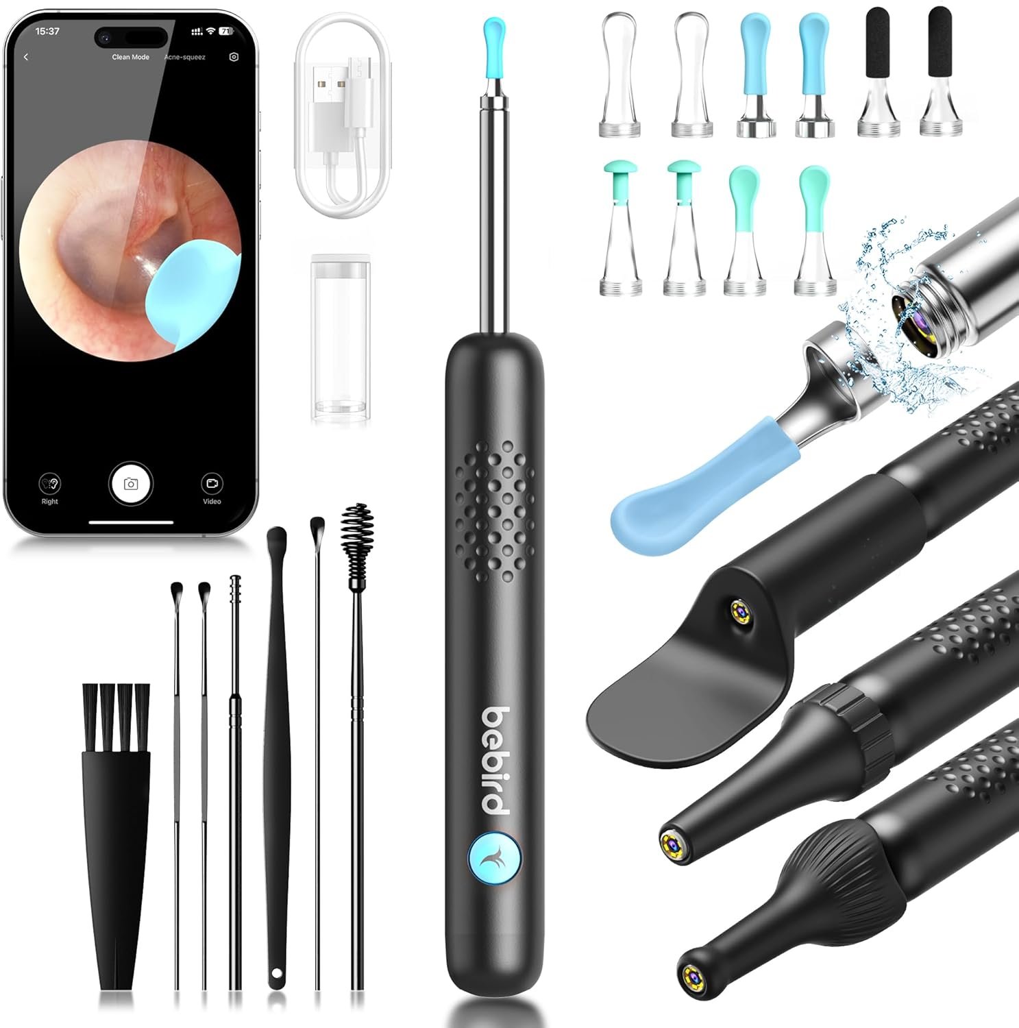 BEBIRD R1 Wax Removal Tool for Ear - Spade Ear Canal Cleaner with Camera 1080P Earscope, Wax Remove Ear Picker with Vari Replacement Tips, Camera with 6LED Light for Ear/Nose/Throat Examination, Black