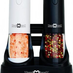 Electric Salt and Pepper Grinder Set with USB Charging Base, Rechargeable, Refillable, Adjustable Coarseness, ABS Automatic Salt & Pepper Mills, One-Hand Operation, 2 Pack 95ml+95ml(Black+White)