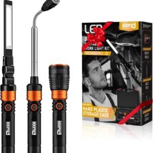 Tool Gifts for Men, 6500 Lumens Rechargeable Flashlight, 3-in-1 LED Work Light with Magnetic Base & Pick-Up Tool, 5000mAh Battery, Hands-Free for Garage, Camping, Hiking, Emergency (Black)