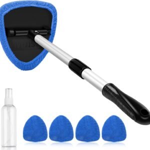 AstroAI Windshield Cleaner Tool, Car Interior Detailing Cleaning Kit with Extendable Handle and 4 Upgraded High-Density Reusable Microfiber Pads, Auto Glass Wiper Brush Kit for Cars, Blue, 15.9in-21in