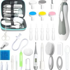 Baby Healthcare and Grooming Kit, 28 in 1 Portable Baby Essentials Kit Electric Nail Trimmer Set with Gas Relief Hair Brush Comb Nasal Aspirator for Newborn Boys Girls (Grey White)