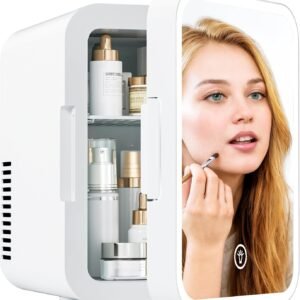 EUHOMY Skincare Fridge, 5 Liter Mini Fridge for Bedroom with Dimmable LED Mirror, AC/DC Portable Cooler & Warmer for Skincare, Cosmetics and Food, Makeup Fridge for Bedroom, Car & Office, White