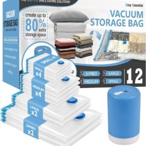 Cozy Essential Travel Vacuum Storage Bags with Portable Electric Pump, Vacuum Seal Space Saver Bags for Clothing and Luggage, 12 Pack