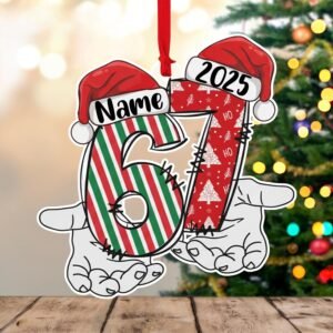 Personalized 67 Meme Viral Trend Ornament 2025 – Custom Name Christmas Decoration, 2D Flat Acrylic Ornament with Santa Hats & Striped Holiday Pattern (LDS49)