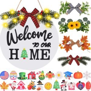 Interchangeable Welcome Home Sign, Front Door Decor With 4 Seasonal Wreaths and 21 Changeable Icons, Rustic Wood Wall Porch Hanger for Holiday Halloween Christmas Housewarming Gift (White)