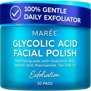 MAREE Glycolic Acid Pads - Toner Pads for Face Cleansing - Exfoliating Pad with Tea Tree Oil, Salicylic Acid & Vitamins E, B3, B5 - Acne Clearing, Skin Pore Resurfacing & Radiance Device - 50 Count