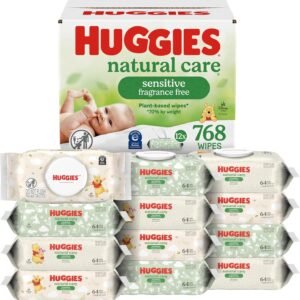 Huggies Natural Care Sensitive Baby Wipes, Unscented, Hypoallergenic, 99% Purified Water, 12 Flip-Top Packs (768 Wipes Total), Packaging May Vary