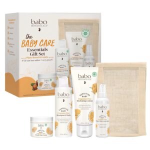 Babo Botanicals Baby Care Essentials Gift Set - Skincare, Bath & Diaper - For Delicate Skin, Fragrance-Free with Shea Butter, Includes Reusable Carry Pouch - Natural & Plant Based - 5 Items Set