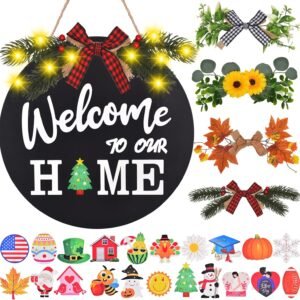 Interchangeable Welcome Home Sign, Front Door Decor With 4 Seasonal Wreaths and 21 Changeable Icons, Rustic Wood Wall Porch Hanger for Holiday Halloween Christmas Housewarming Gift (Black)