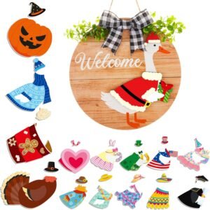 16 Pcs Christmas Interchangeable Goose Welcome Sign for Front Door 11.8'' Wood Porch Goose Decor Seasonal Welcome Signs 15 Set Changeable Geese Clothes Housewarming Gift Holiday Wreath(Wood Color)