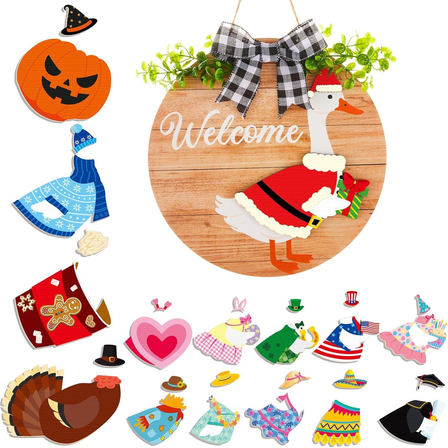 16 Pcs Christmas Interchangeable Goose Welcome Sign for Front Door 11.8'' Wood Porch Goose Decor Seasonal Welcome Signs 15 Set Changeable Geese Clothes Housewarming Gift Holiday Wreath(Wood Color)