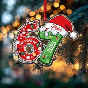 Custom 67 Ornament 2025, Personalized Name Funny Gen Z Meme Decoration, Viral Six Seven Christmas Ornament with Santa Hat, Acrylic Ornament for Teens, Gifts for Christmas Style 1