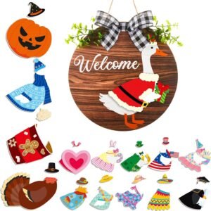 16 Pcs Christmas Interchangeable Goose Welcome Sign for Front Door 11.8'' Wood Porch Goose Decor Seasonal Welcome Signs 15 Set Changeable Geese Clothes Housewarming Gift Holiday Wreath(Brown)