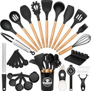 Astercook Kitchen Utensils Set, 39 PCS Silicone Cooking Utensils Set with Wooden Handle, 446°F Heat Resistant Food Grade Utensil Sets, BPA Free Kitchen Gadgets Tools Set for Nonstick Cookware (Black)