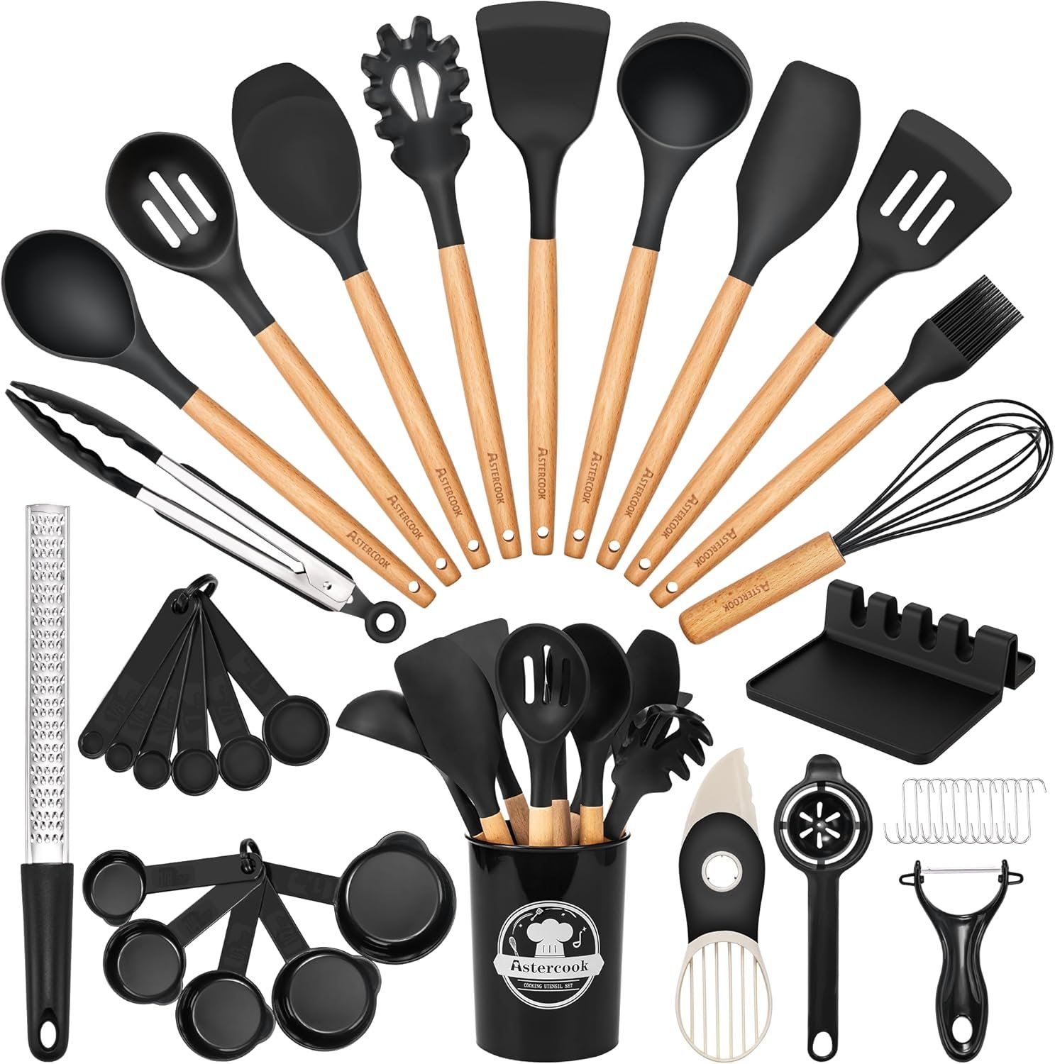Astercook Kitchen Utensils Set, 39 PCS Silicone Cooking Utensils Set with Wooden Handle, 446°F Heat Resistant Food Grade Utensil Sets, BPA Free Kitchen Gadgets Tools Set for Nonstick Cookware (Black)