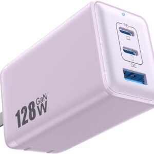 128W USB C Wall Charger,GaN III 3-Port Fast Charging Station,PD QC Foldable Charger Block Portable 65W Laptop Adapter for MacBook Pro/Air,iPad Pro,Galaxy S23,Dell XPS 13,iPhone 17/16/Pro etc