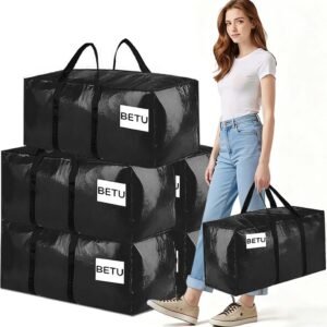 Extra Large Storage Bags Moving Bags Heavy Duty with Zipper Handles, BETU 6 Pack Clothes Storage Totes Bins Packing Moving Boxes, Moving Supplies for College Dorm Essentials, Space Saving, Black