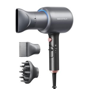 Wavytalk Blow Dryer, Blown Away Ionic Hair Dryer for Curly Hair with Diffuser, 1875W Fast Drying Blow Dryer with Ceramic Technology, 3 Attachments for All Hair Types, Light and Quiet, Grey