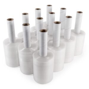 IDL Packaging 5" Stretch Wrap Mini Roll, 700 feet, 120 Gauge (Pack of 12) with an Extended Cardboard Handle – Industrial Grade Clear Plastic Wrap – Improved Protection for Packing, Moving, and Office