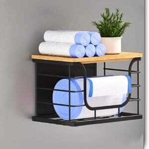 Ofiray-home Magnetic Shelf for Fridge Trash Bag Storage, 1 Pack Stackable Garbage Bag Holder with Bamboo Lid, Magnetic Storage Bin for Refrigerator, Under Sink, Kitchen Pantry Organization – Black