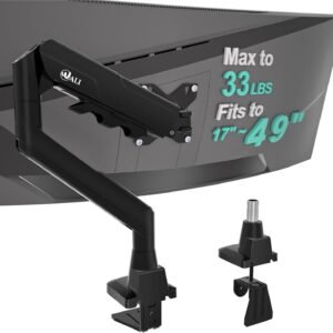 WALI Heavy Duty Single Monitor Arm for 17-49 Inch Flat Curved Ultrawide Screens, up to 33 Lbs, Adjustable Gas Spring Single Monitor Desk Mount for Home Office Gaming, VESA 75/100mm (GSM001XLN), Black