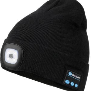 Wmcaps Bluetooth Beanie with a Light, Unisex USB Rechargeable 4 LED Fashlight Hat with Cordless Headphones, Unique Christmas Birthday Gifts for Men Him Husband Teen Black